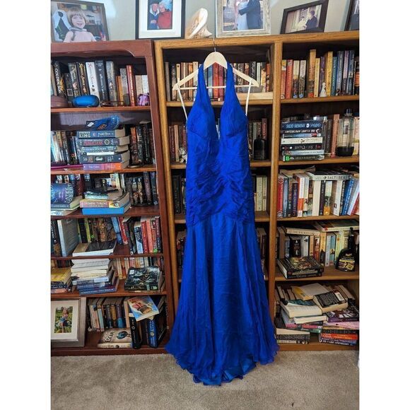 JOVANI blue silk chiffon drop waist black less halter gown sz 10 nwot - Picture 1 of 5